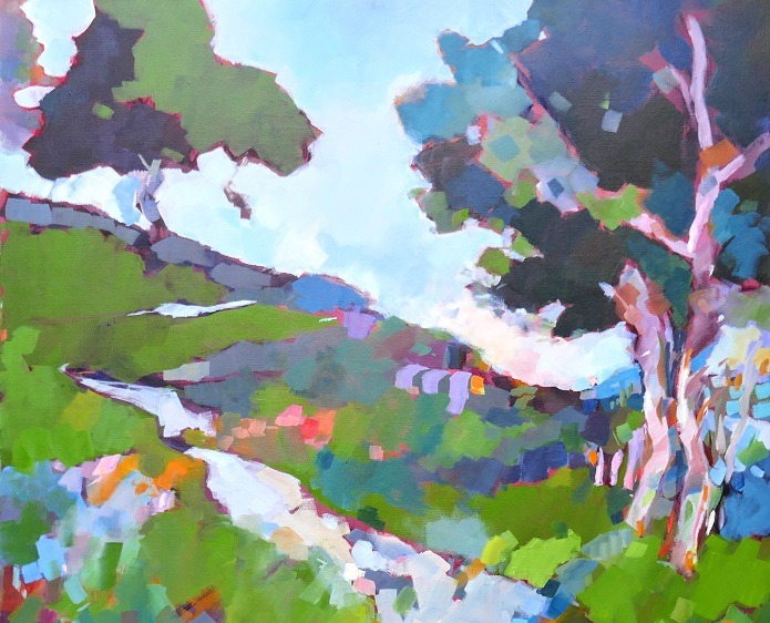 tableau huile eternite riviere sur la colline arbre et nature plein air couleurs fauves toniques