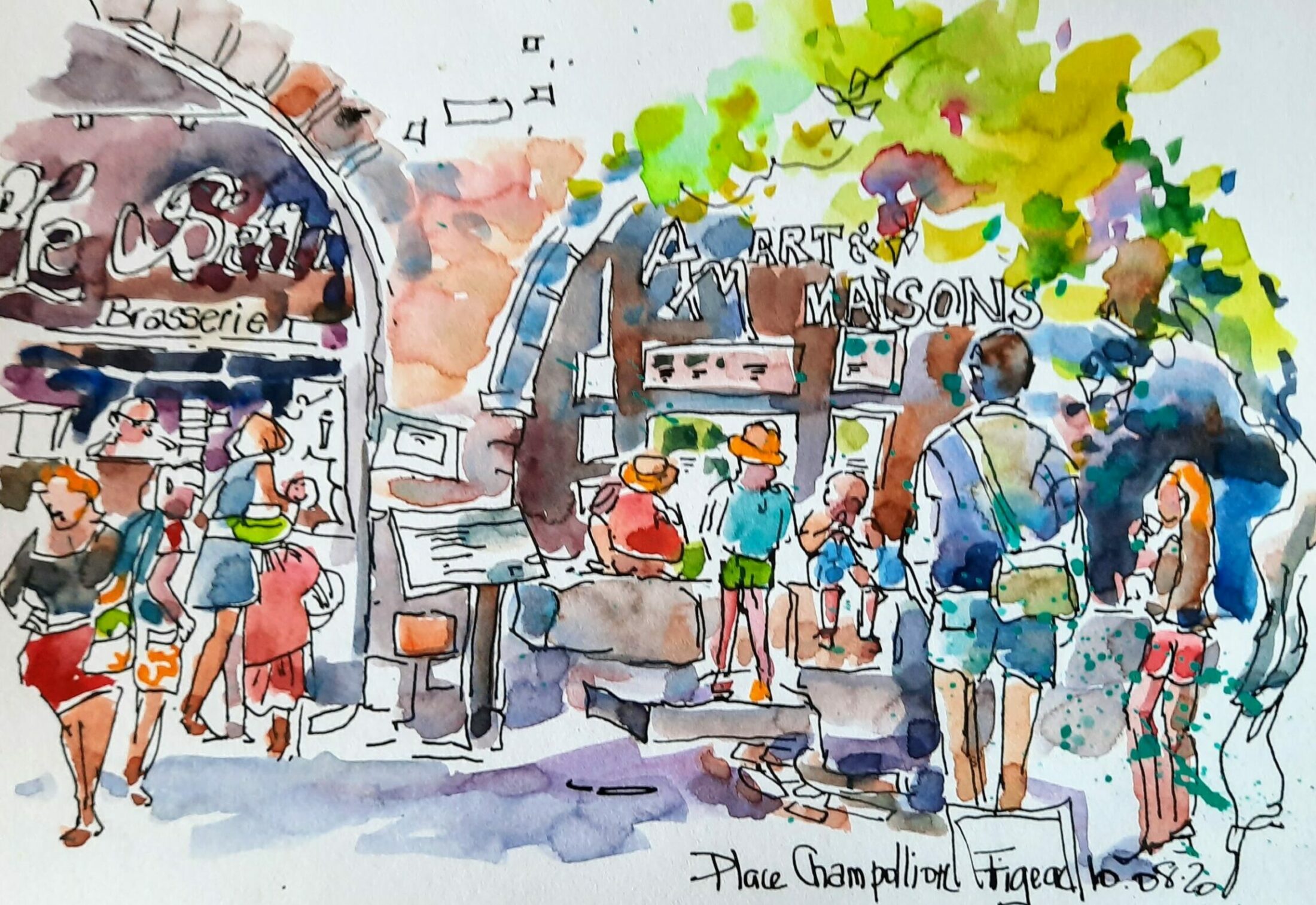 Croquis aquarelle encre Figeac